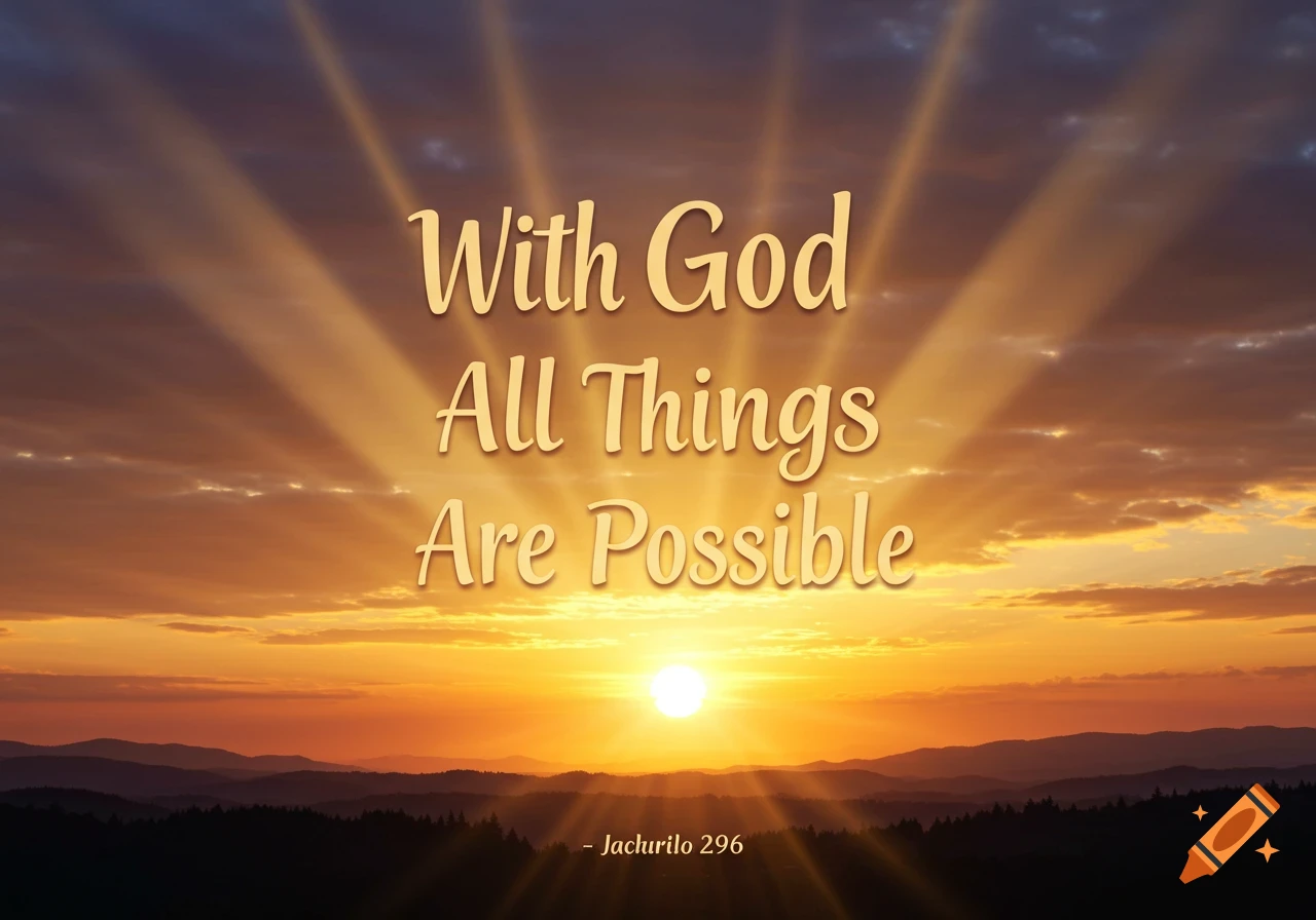 Sunrise over mountains with rays of light and the quote 'With God All Things Are Possible'.