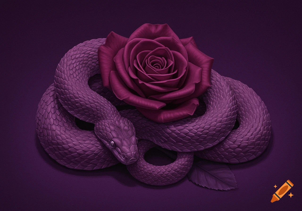 A purple snake coiled around a pinkish-purple rose