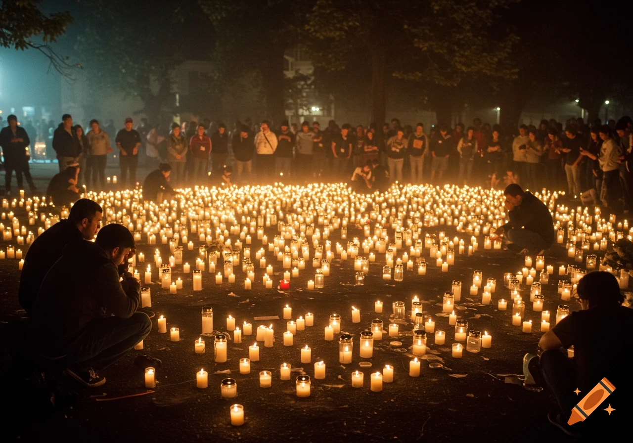 A crowd of people gathered around a large field of lit candles at night for a vigil.