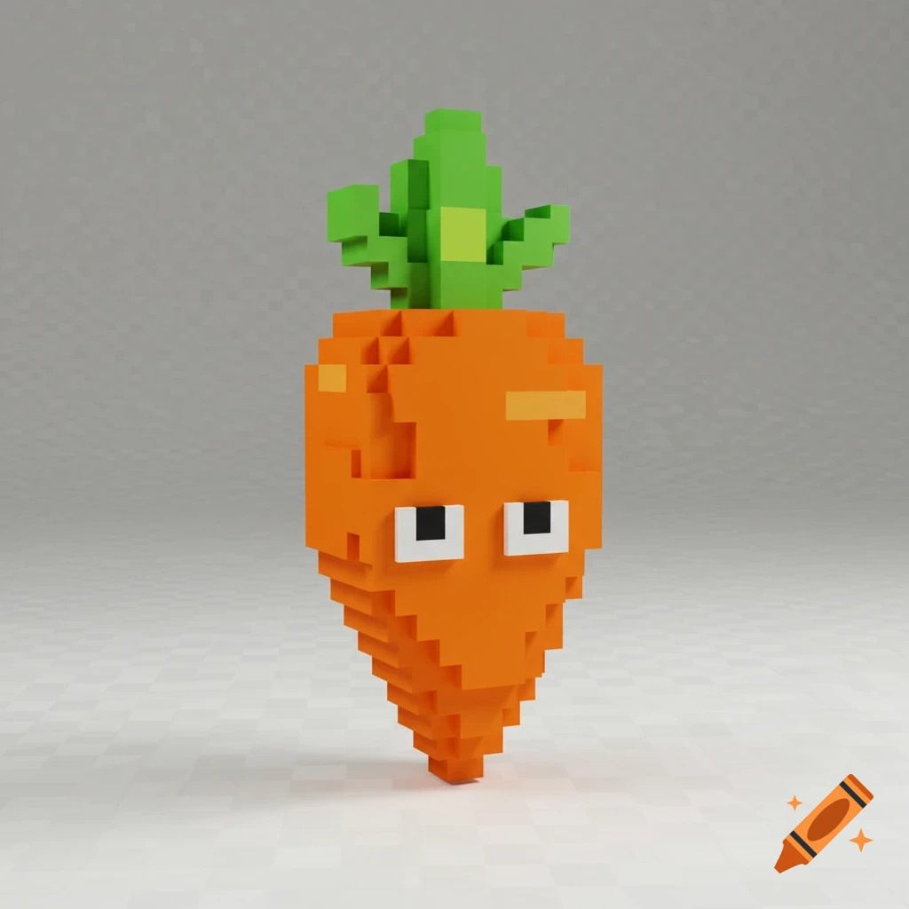 A voxel art rendering of an orange carrot with green leaves and large eyes.