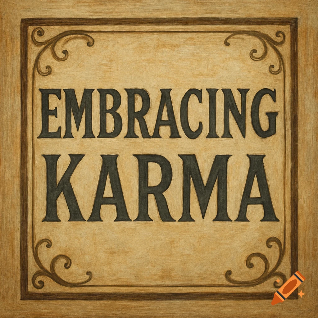 A wooden sign with ornate corners reads 'Embracing Karma' in black text.