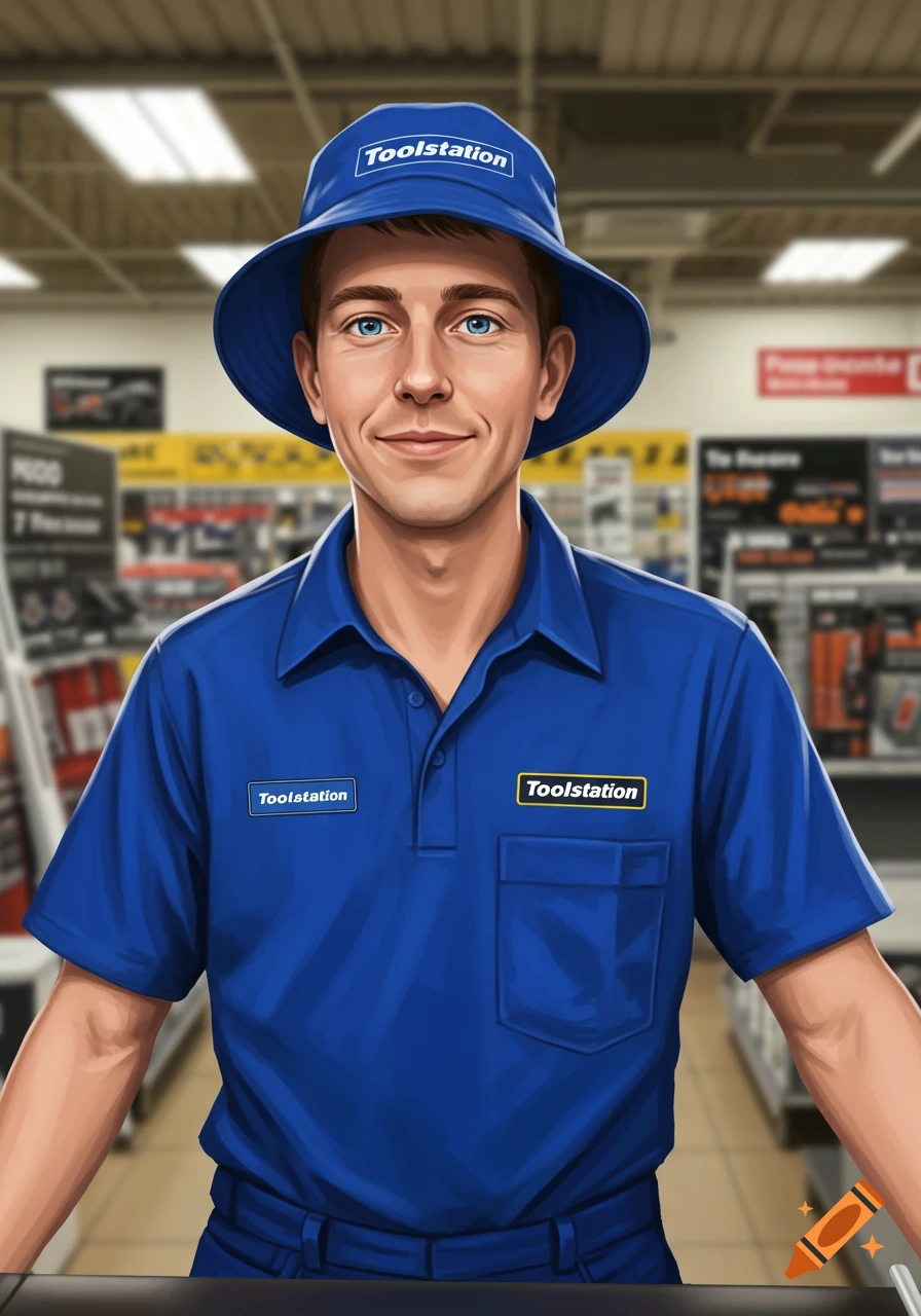 A man in a blue Toolstation uniform and bucket hat stands in a store, illustrative style.