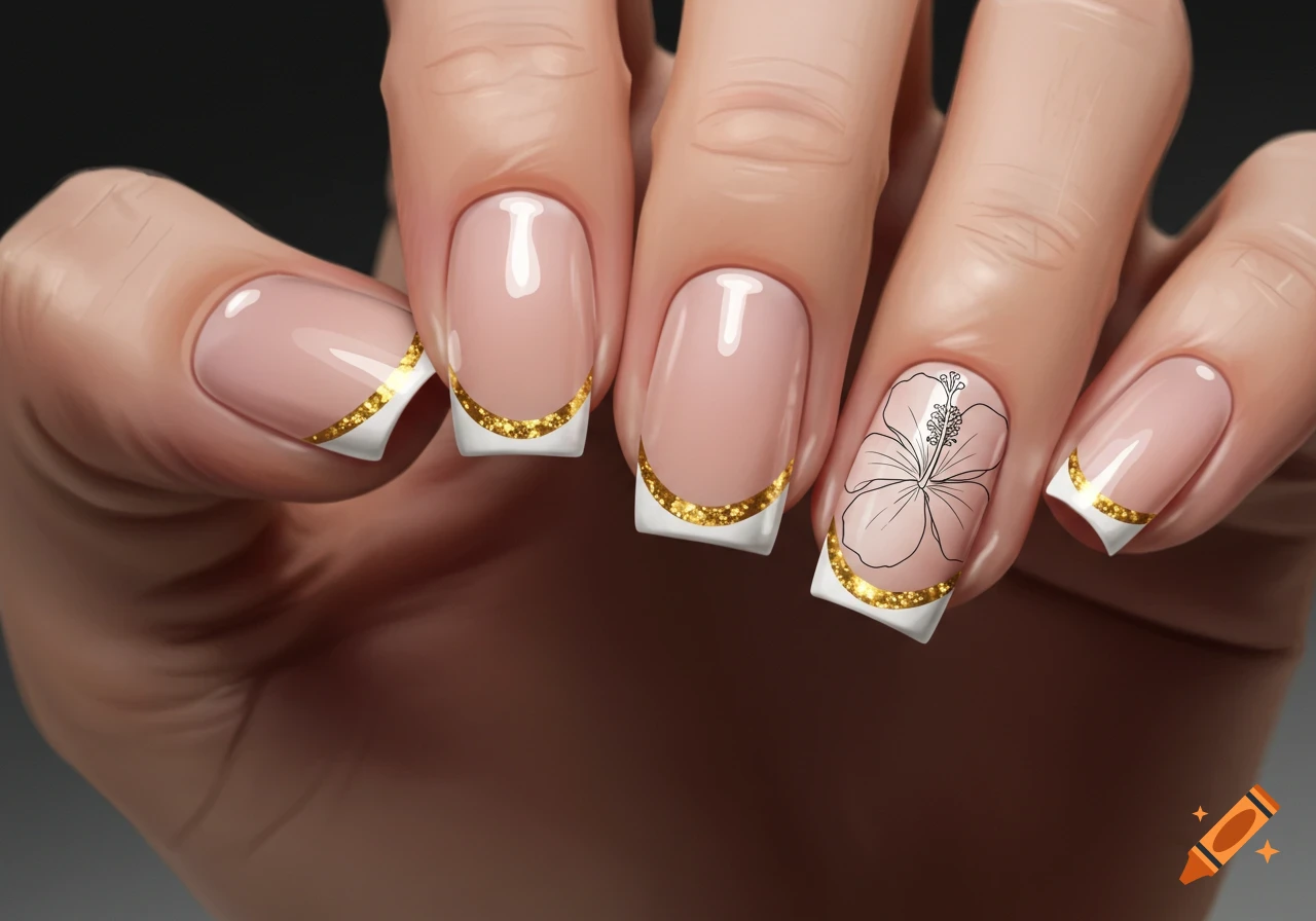 Close up of french tip nails with gold glitter lines and a hibiscus flower line drawing on the ring finger.