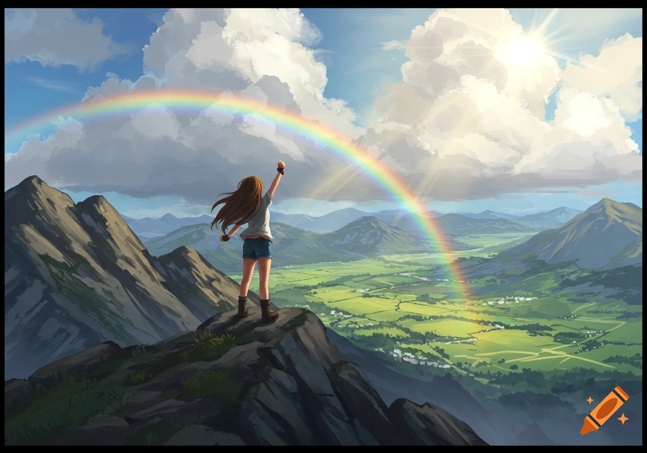 Anime drawing of a woman on a mountain top looking at a valley landscape with a rainbow and sunbeams.