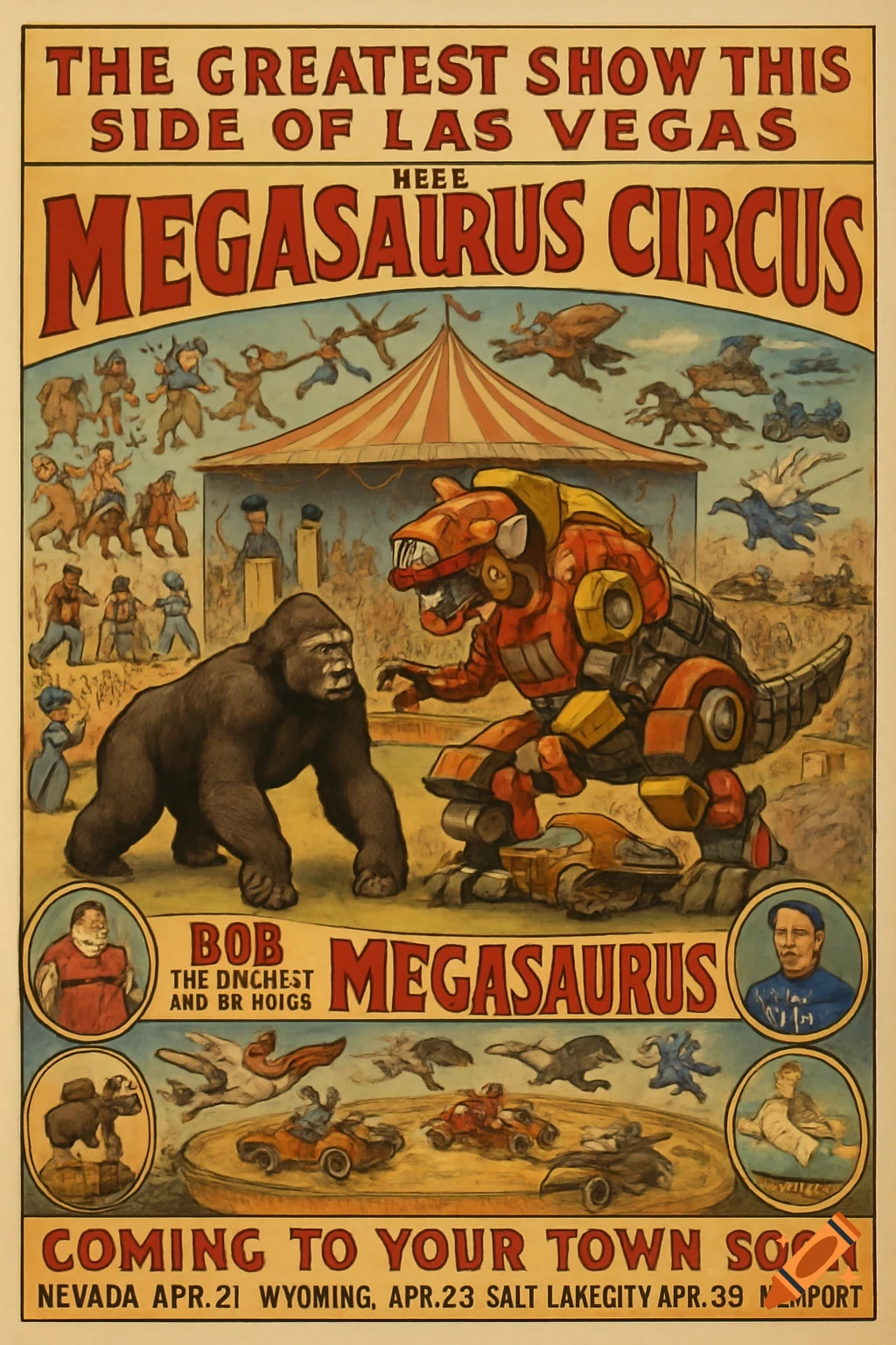 A vintage-style circus poster featuring a gorilla and a robot dinosaur under a big tent, with various acts and performers depicted.