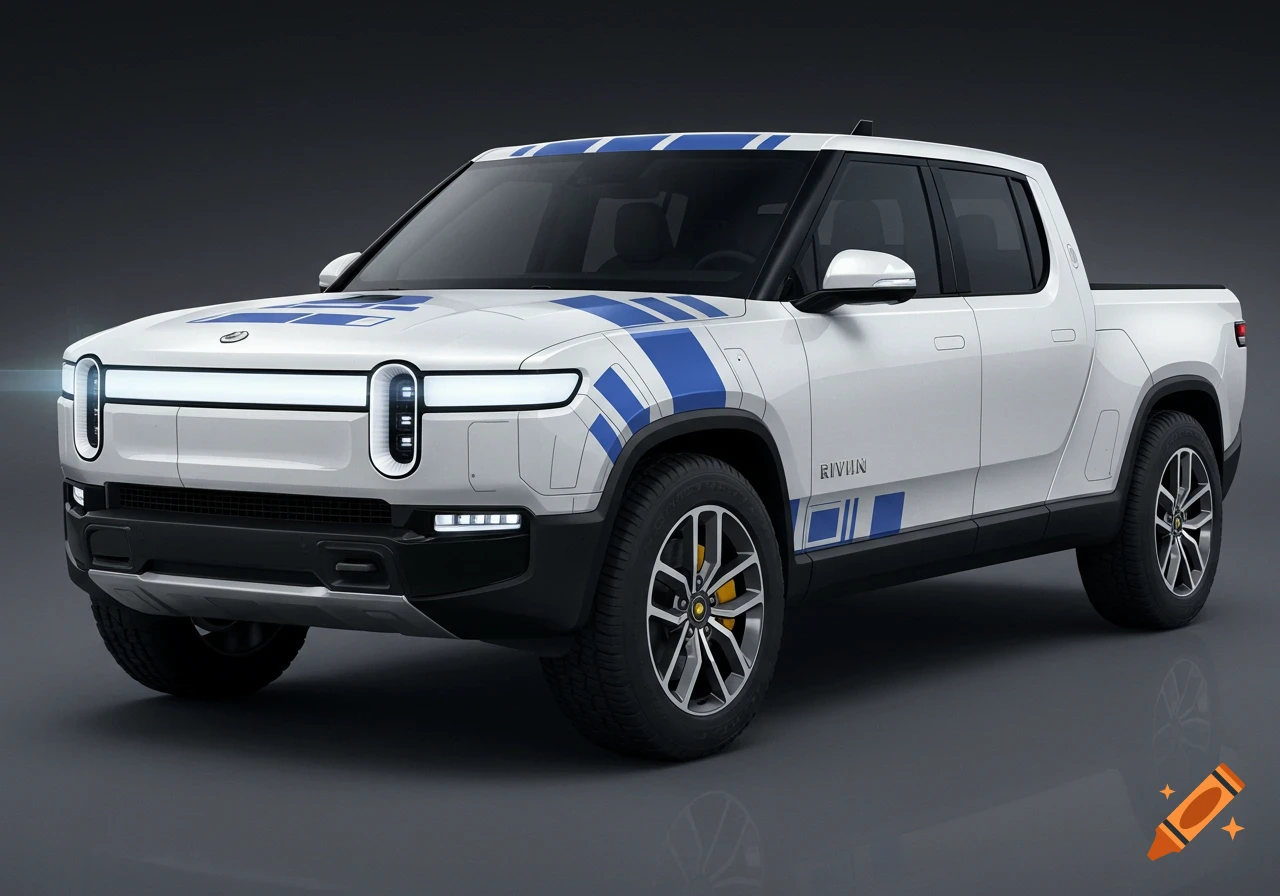 White Rivian truck with blue R2-D2 stripes, photorealistic render