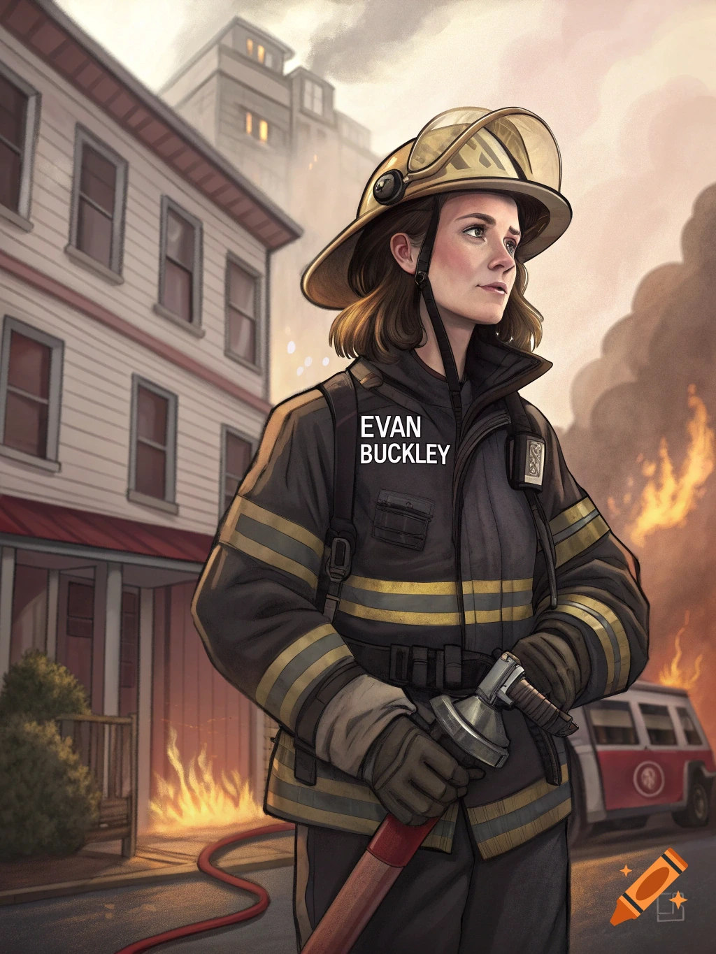 An illustration of a female firefighter in uniform holding a hose, standing in front of a burning building.