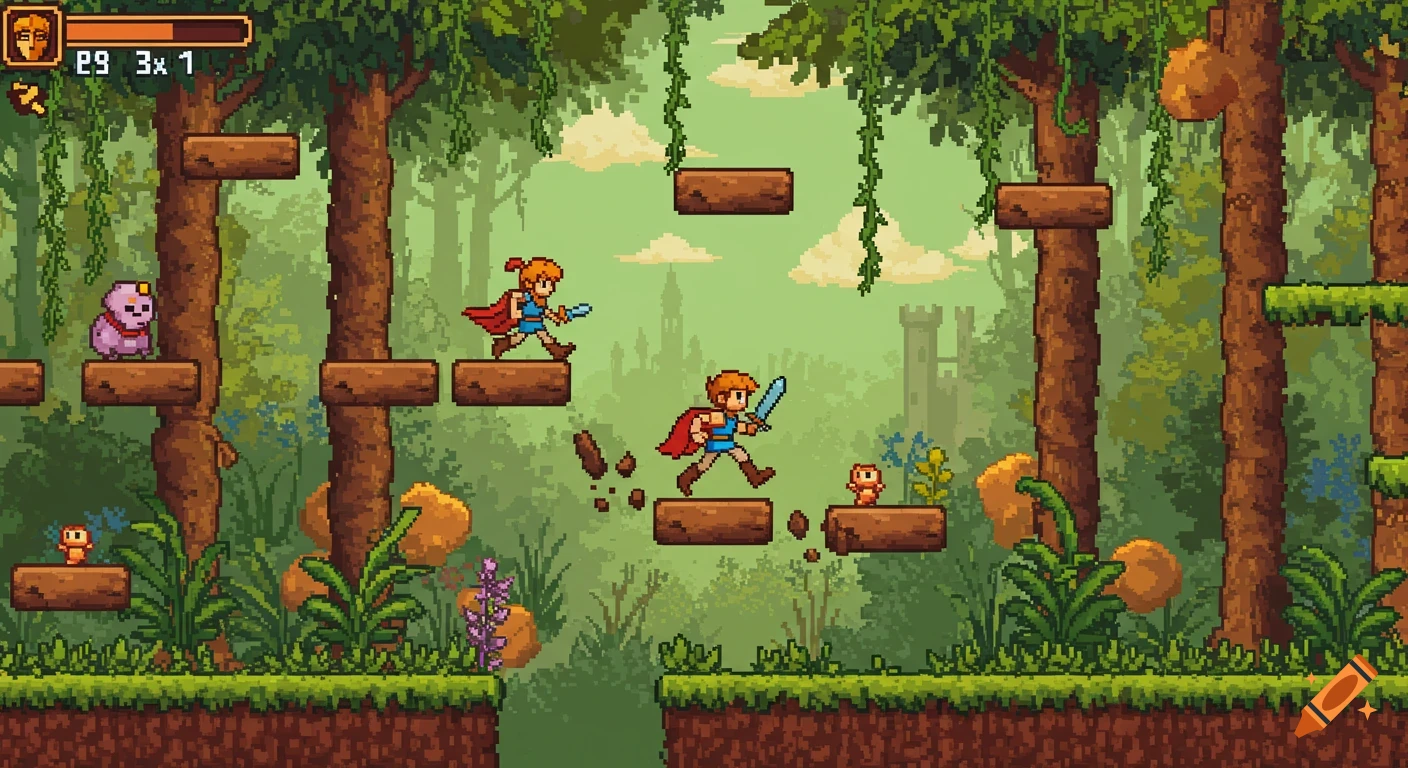 Pixel art sidescroller game scene with characters in a forest jumping on platforms.