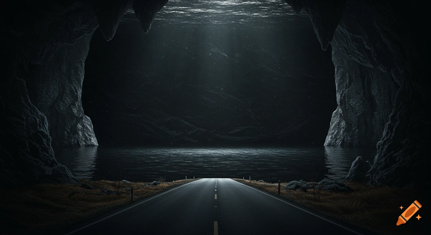 A dark road leads into a massive cave opening beside an underground lake with light streaming down.