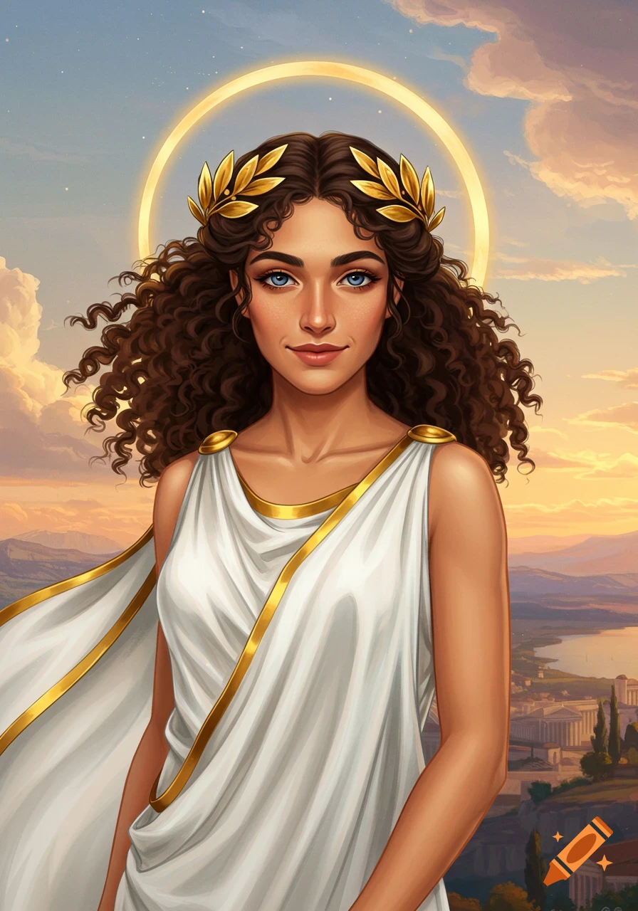 Portrait of a woman dressed as a Greek goddess with a halo and laurel wreath, overlooking an ancient city at sunset.