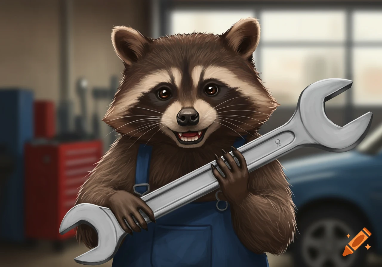 Illustration of a raccoon mechanic in overalls holding a wrench.