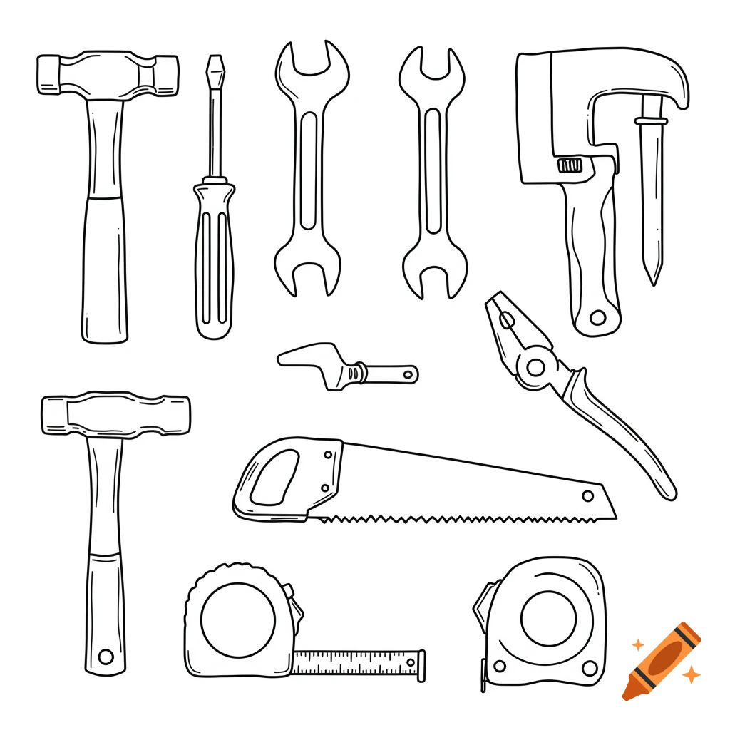 A black and white line drawing of various handyman tools.