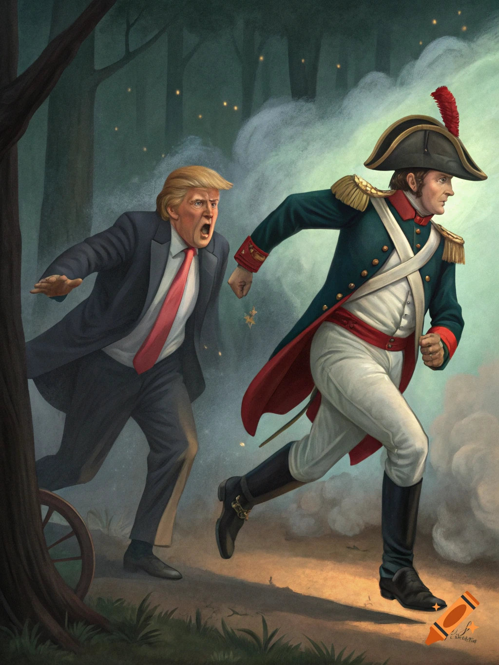 Painting of Donald Trump and a figure in Napoleon uniform running through a smoky forest.