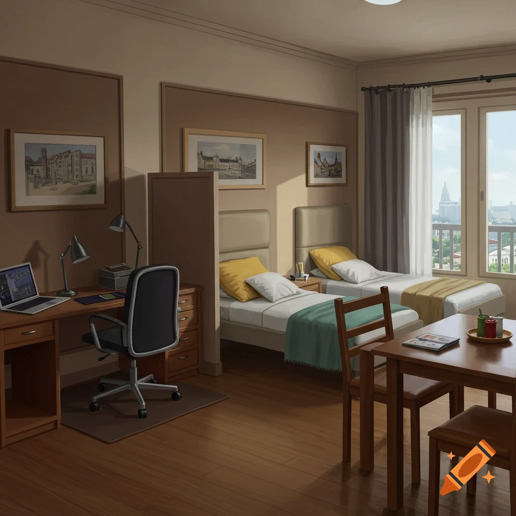 An illustrated room with two beds, a desk with a laptop, and a table.