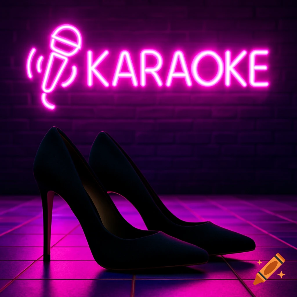 Black high heels on a tiled floor with a pink neon KARAOKE sign on a brick wall