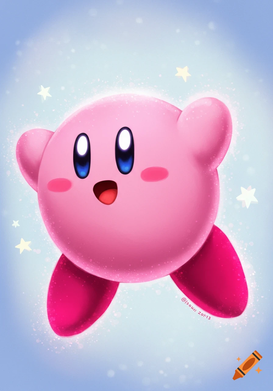 Pink cartoon character Kirby floats in a starry blue sky with sparkles.