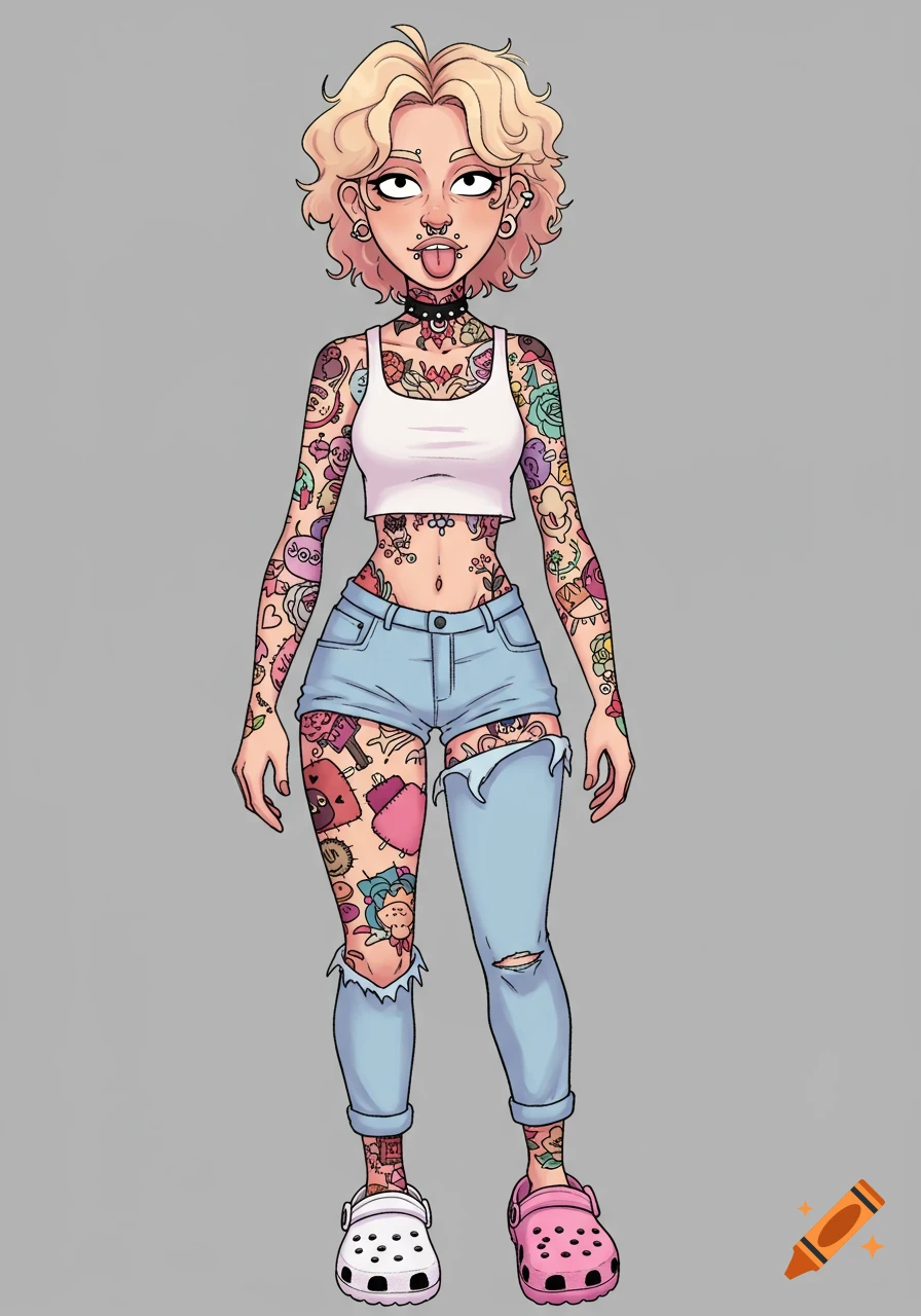 Stylized illustration of a young person with blonde hair, many tattoos and piercings, wearing a tank top and ripped jeans.