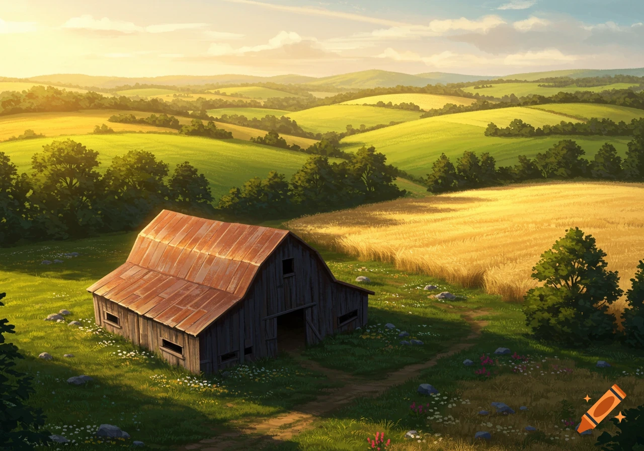 Rustic barn in sunlit rural landscape with fields and rolling hills.