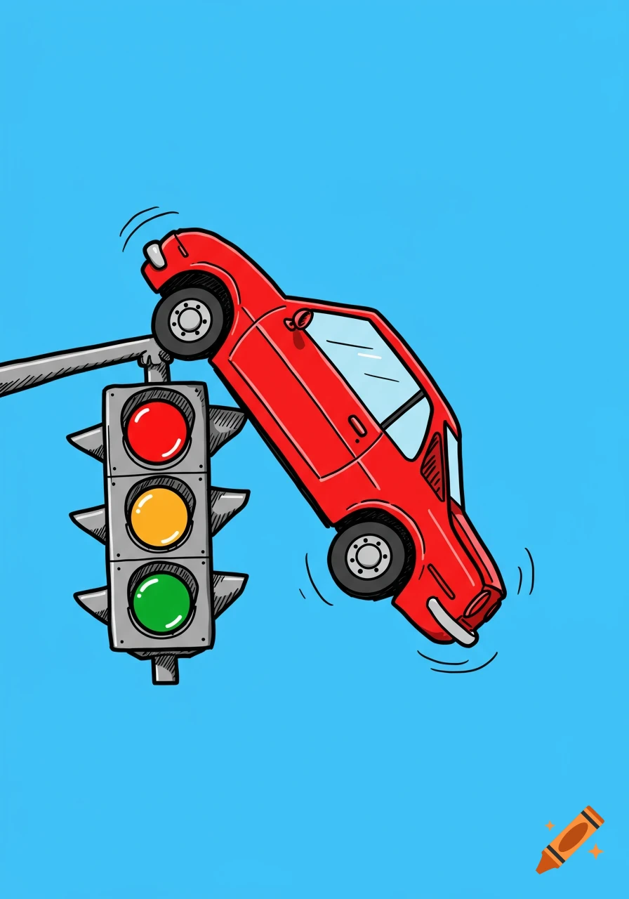 A red cartoon car hangs upside down from a traffic light.