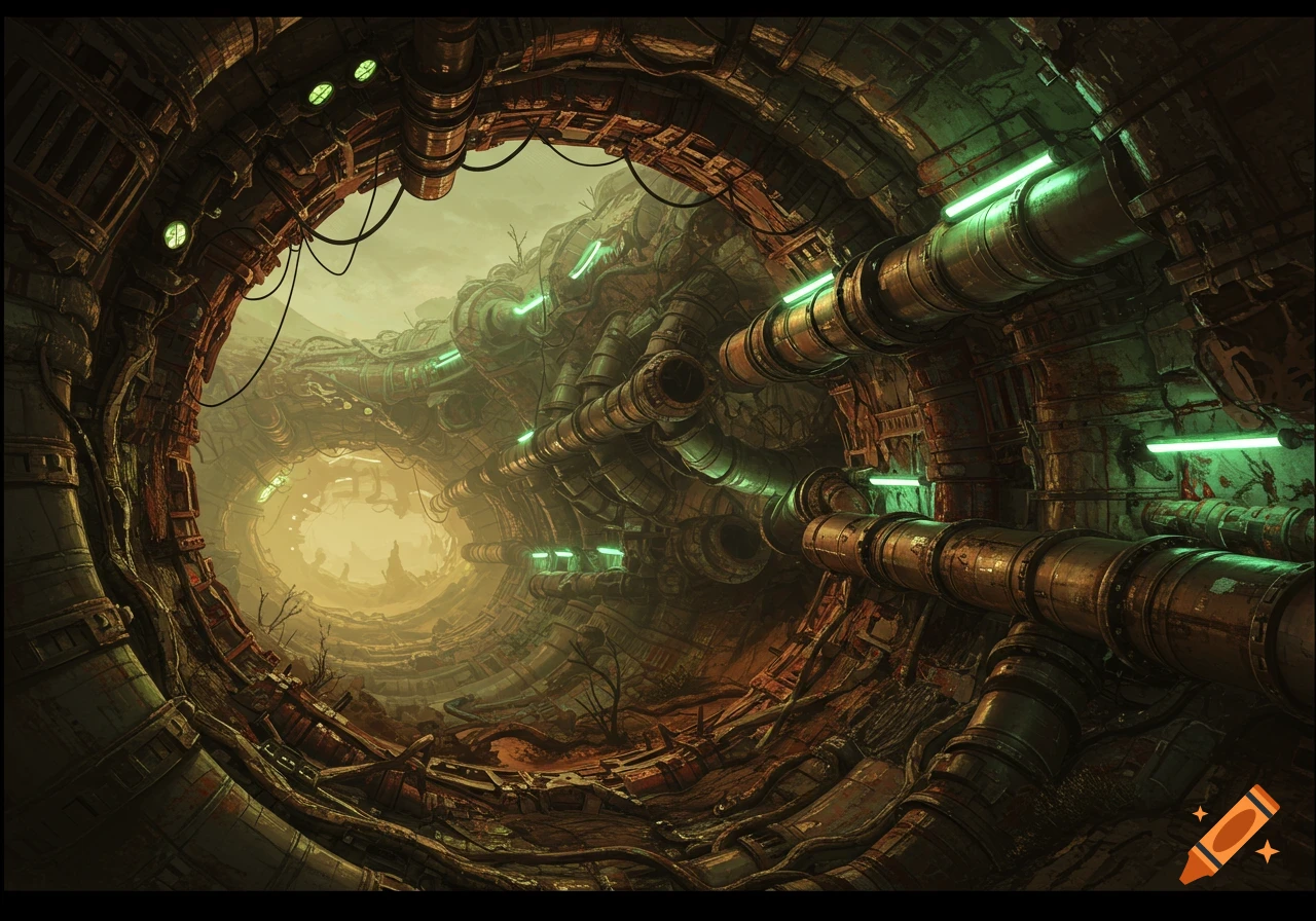 Underground sci-fi tunnel with pipes and industrial structures looking out to a hazy landscape.