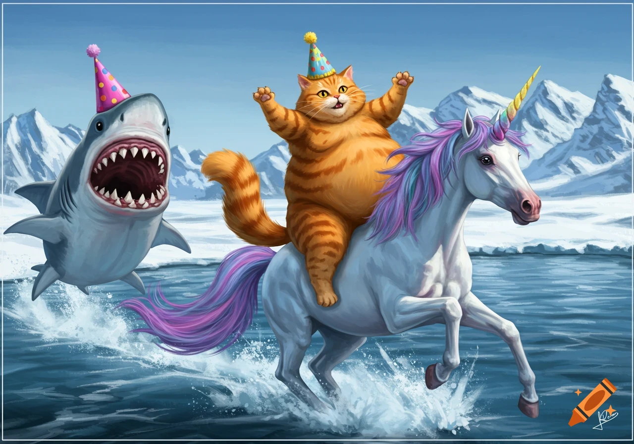 A fat orange cat rides a unicorn pursued by a shark with a birthday hat in the arctic.
