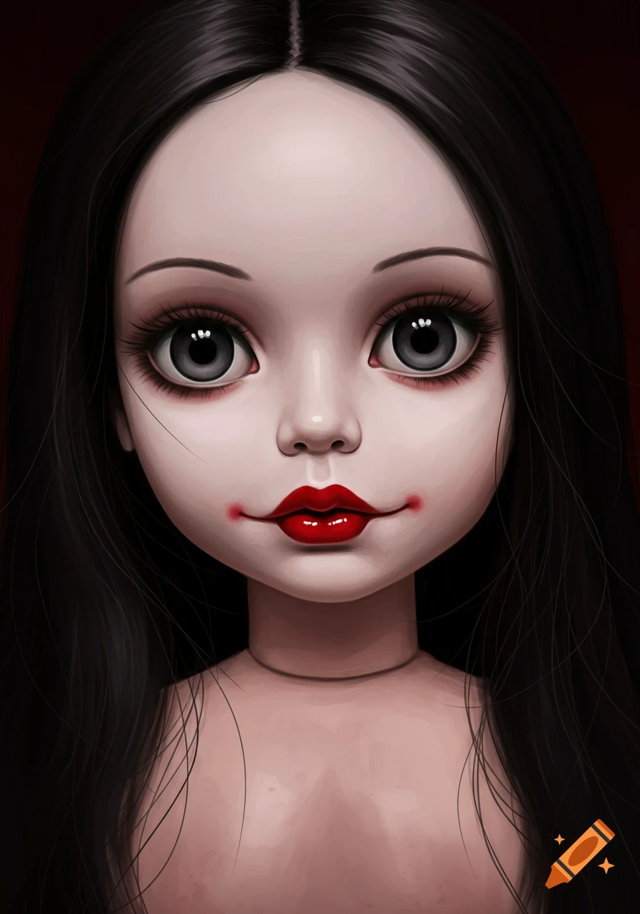 Close-up portrait of a creepy doll with large eyes, red lips, and long black hair.