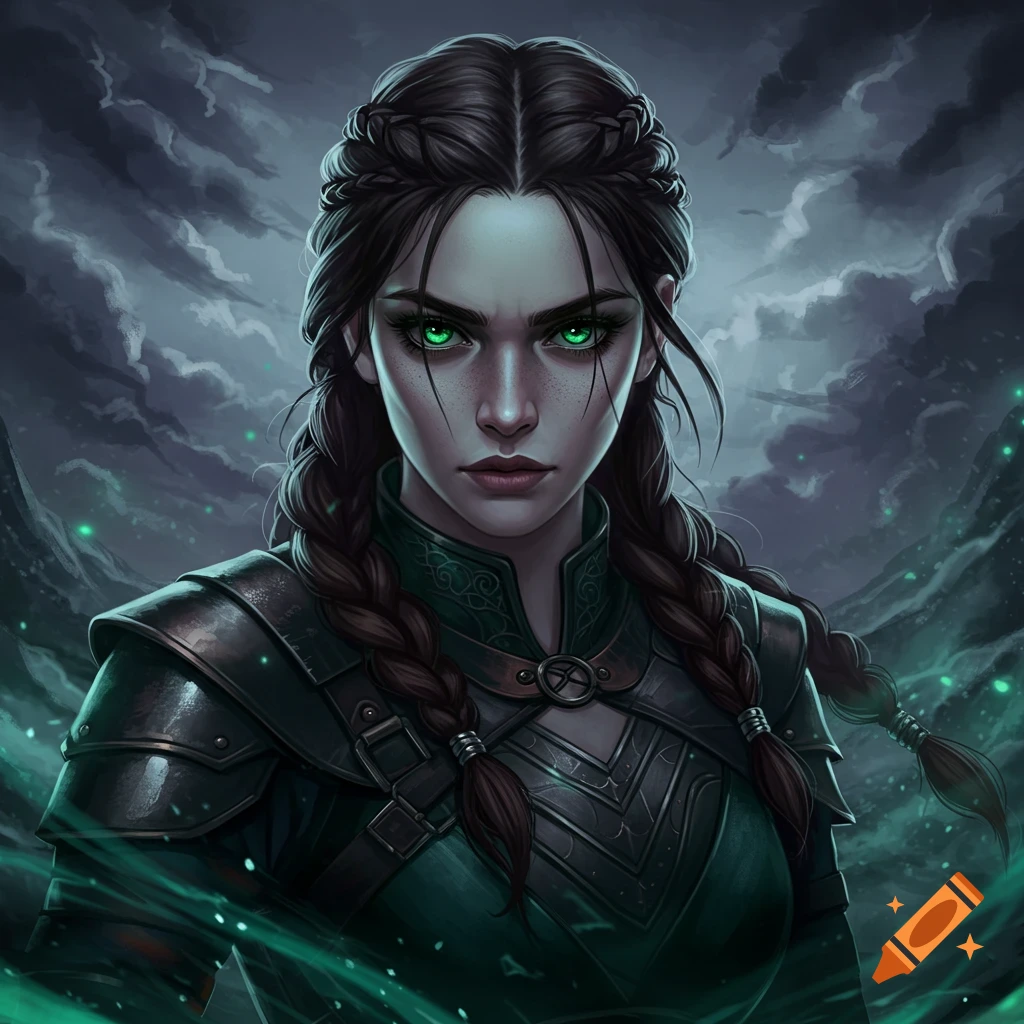 A portrait of a female fantasy character with braided dark hair ...