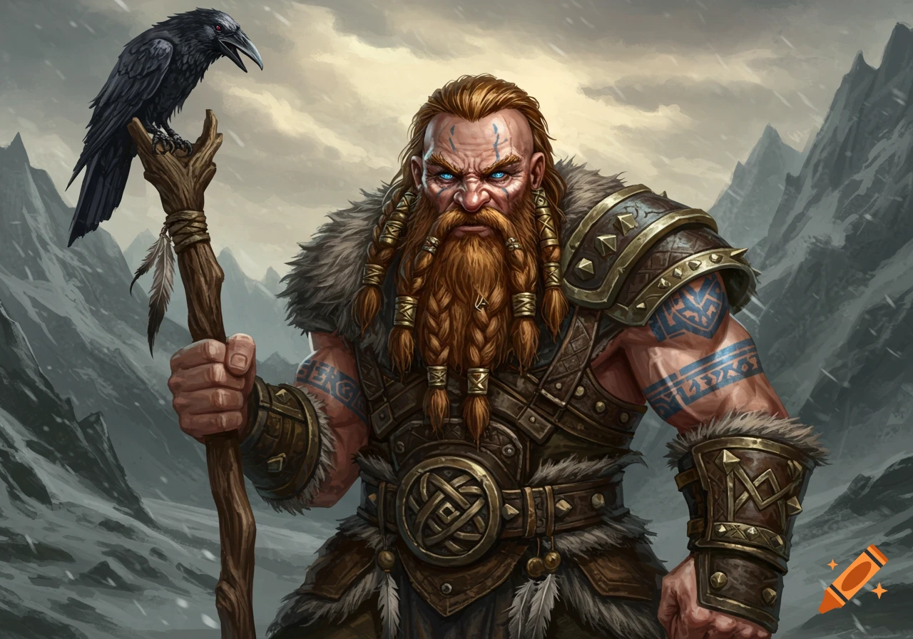 A fantasy illustration of a dwarven viking shaman with a braided beard, tattoos, armor, holding a staff with a raven, in a snowy mountain setting.
