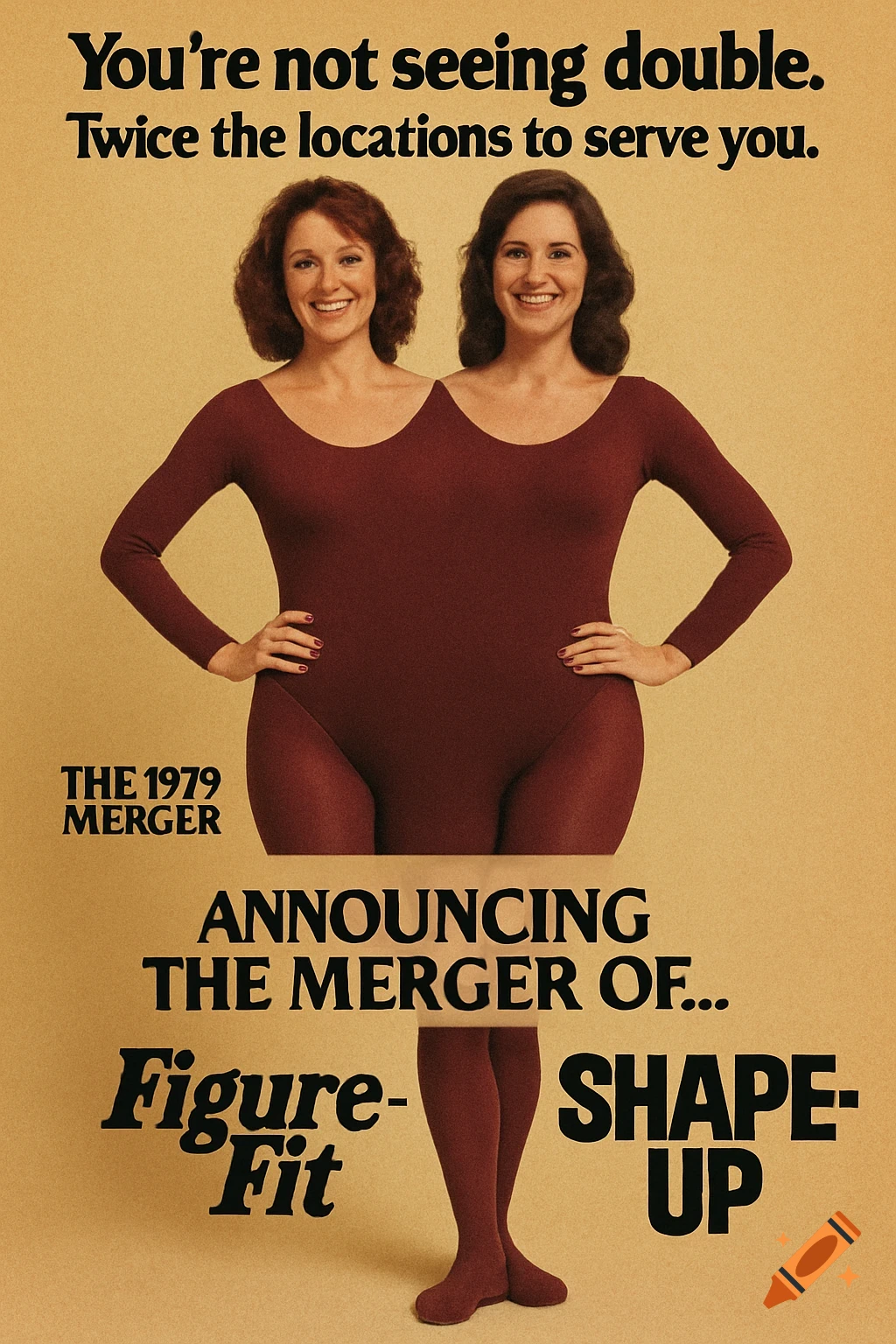 Vintage fitness poster featuring a two-headed woman illusion in a leotard and tights.