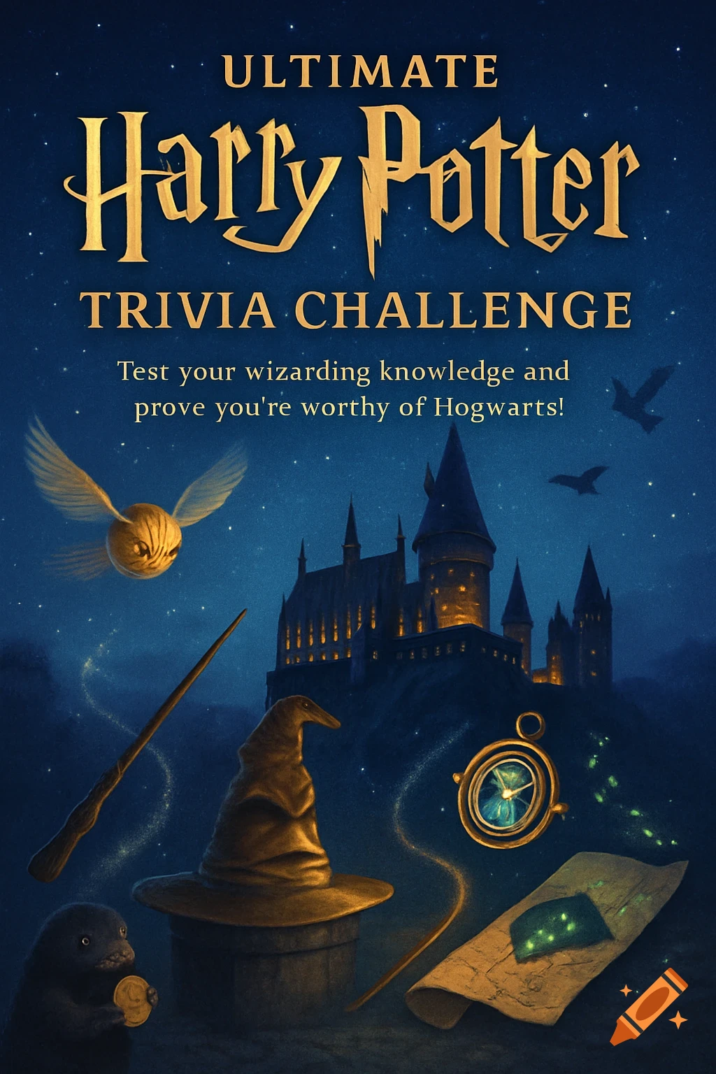 Cover art featuring Harry Potter elements like Hogwarts castle, Golden Snitch, Sorting Hat, wand, Niffler, and Time Turner under a starry night sky.