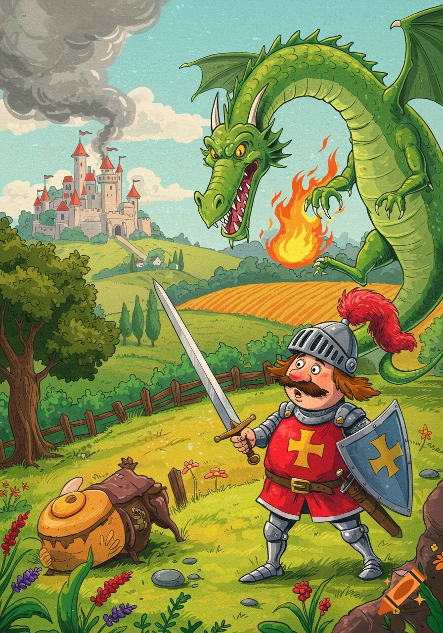Cartoon knight facing a dragon with a castle on a hill