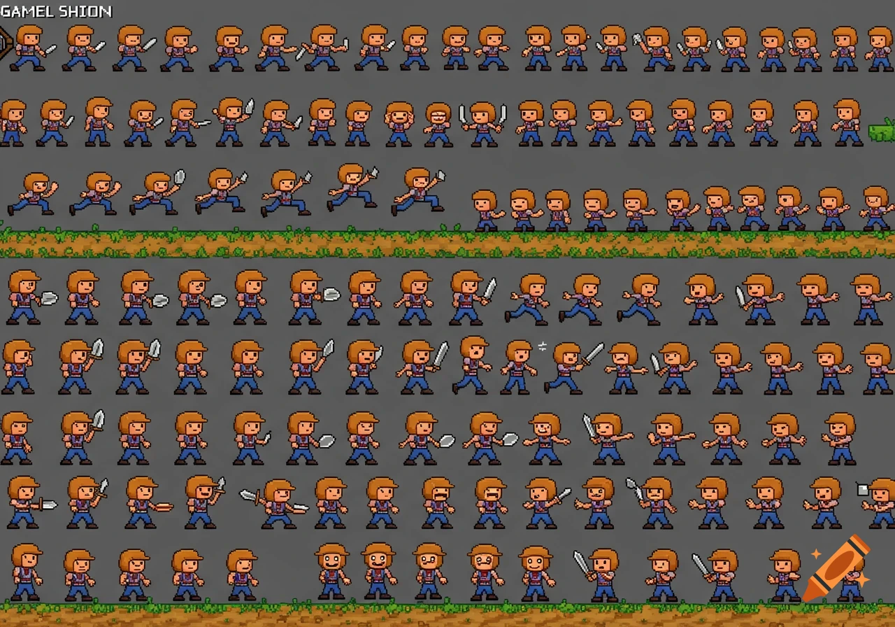 Pixel art sprite sheet of a character in various poses.
