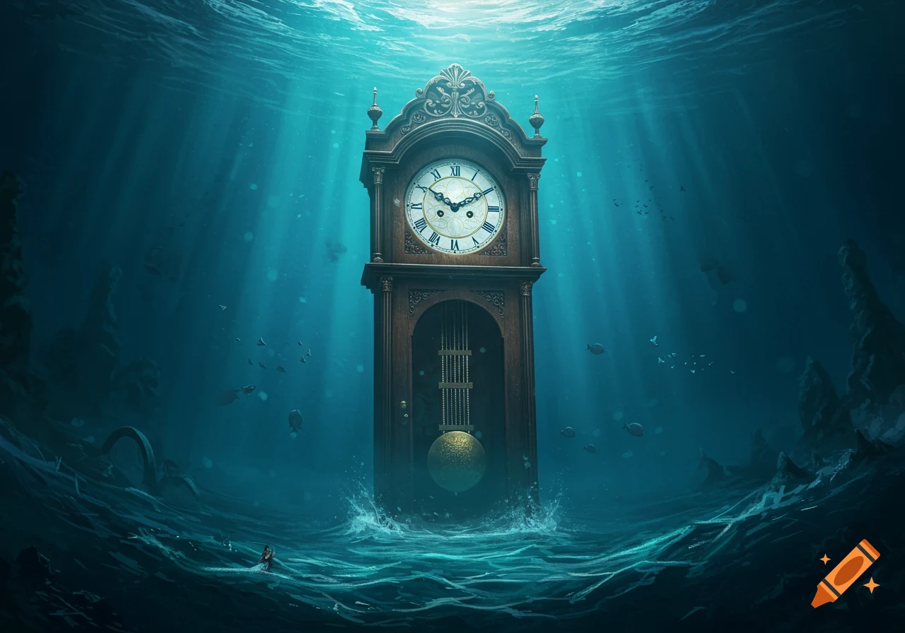 A huge grandfather clock stands in the middle of the ocean with waves splashing around its base and sunlight streaming through the water.