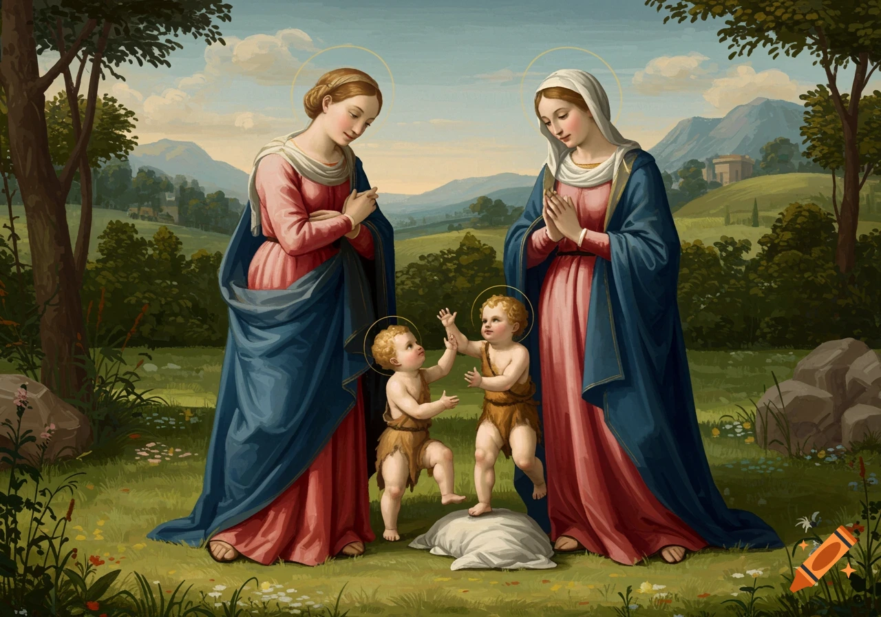 Early Renaissance style painting of Mary and St. Elizabeth with baby Jesus and infant John the Baptist in a landscape.