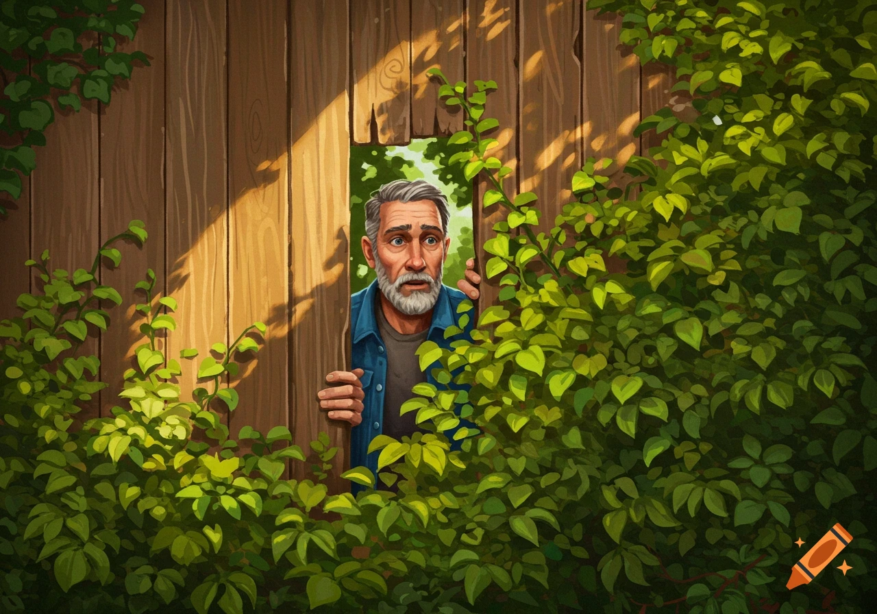 An illustration of a surprised man with a beard peering through a hole in a wooden fence covered in green vines.