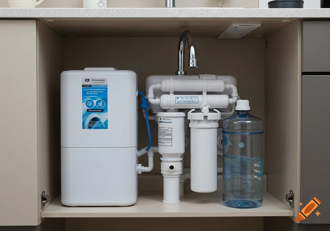 Reverse osmosis water filtration system installed under a kitchen sink with faucet.