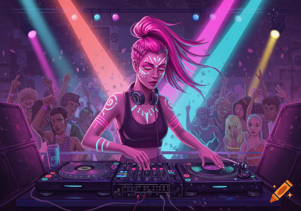 A stylized illustration of a female DJ playing music to a vibrant crowd with bright lights.