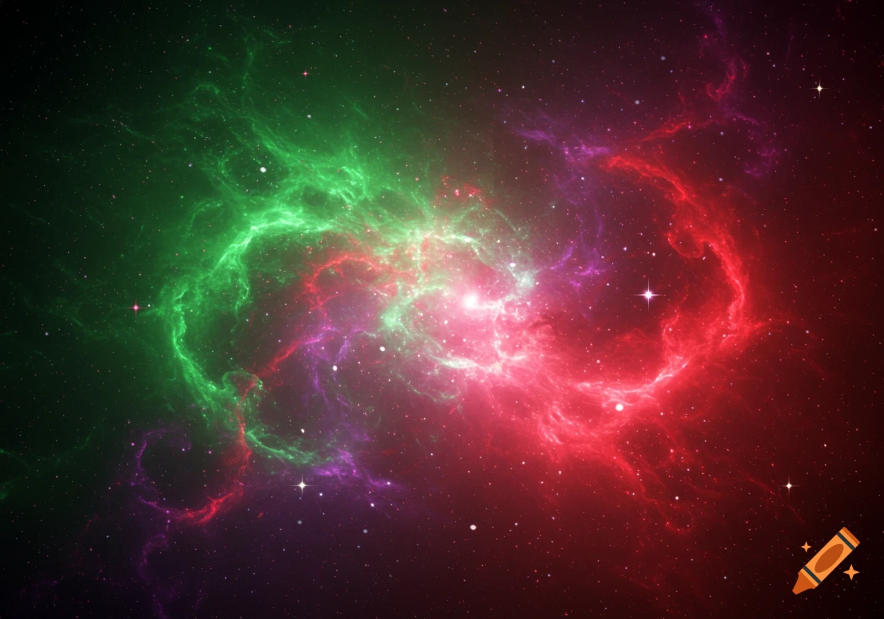 A colorful nebula in space with green, red, and purple gas clouds and stars.