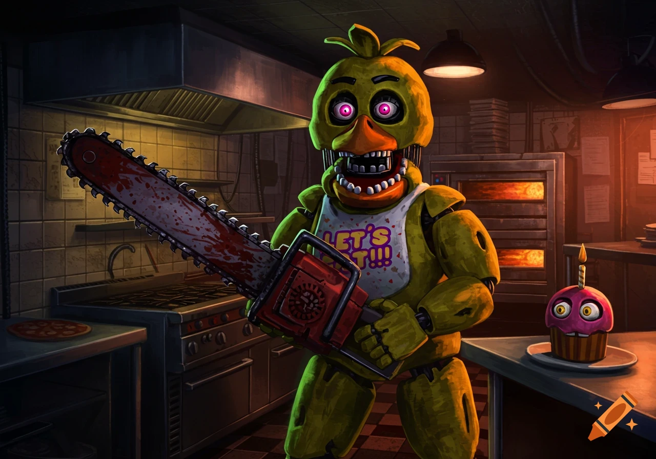 Chica from Five Nights at Freddy's holds a bloody chainsaw in a pizzeria kitchen, with a cupcake on a counter.
