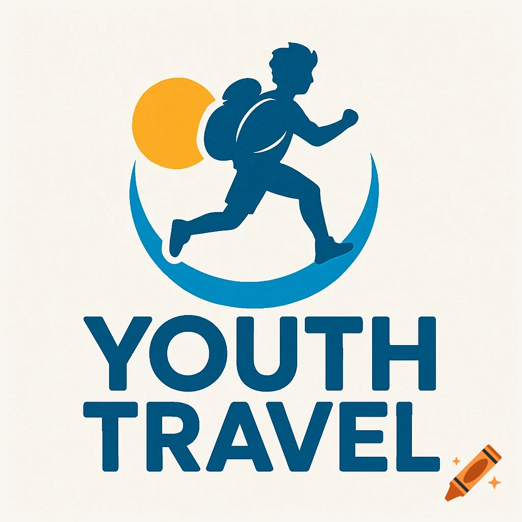 Stylized blue and yellow logo of a person with a backpack running over a crescent shape with a sun, above the text YOUTH TRAVEL.