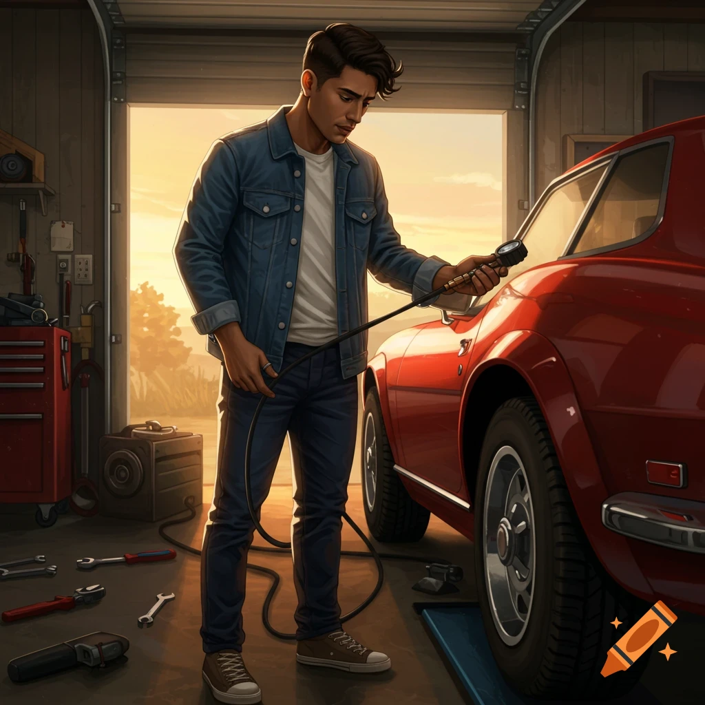A man checking the tire pressure on a red car in a garage.