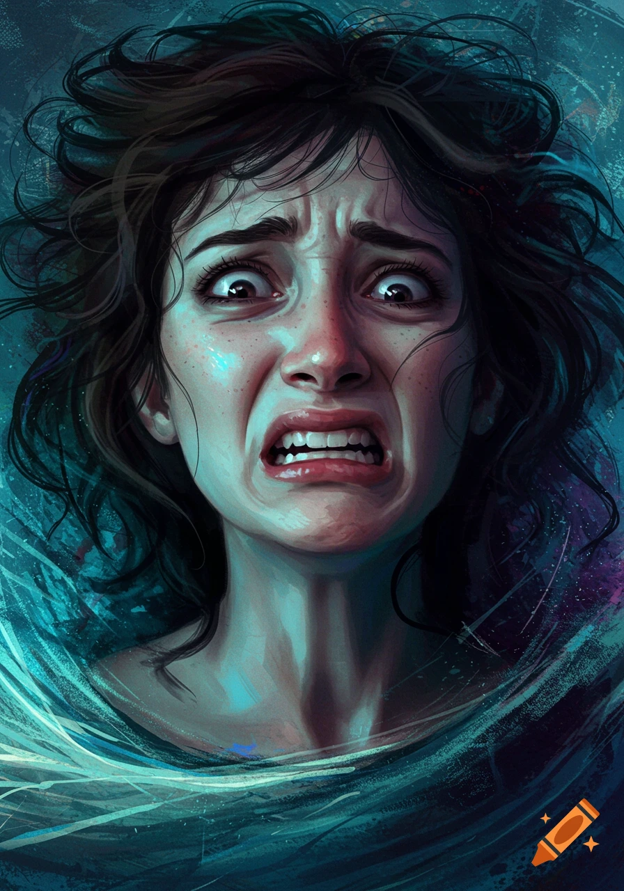 Close-up illustration of a woman's face screaming in fear against a swirling blue background.