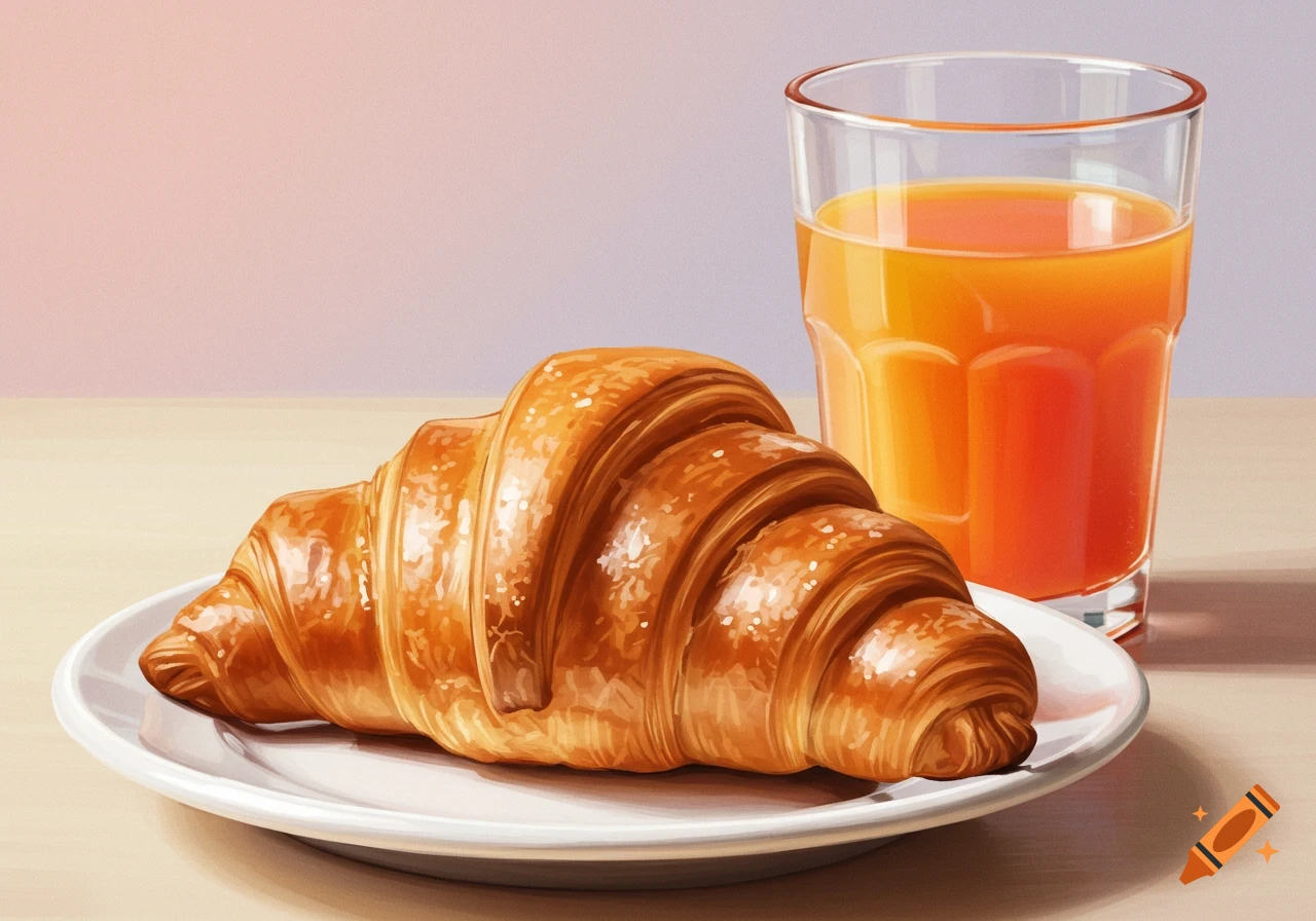 A croissant on a plate next to a glass of orange juice, illustrated style.