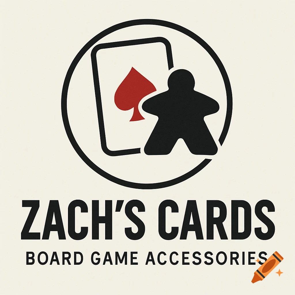 Logo with a meeple and playing card inside a circle, with text "Zach's Cards / Board Game Accessories".