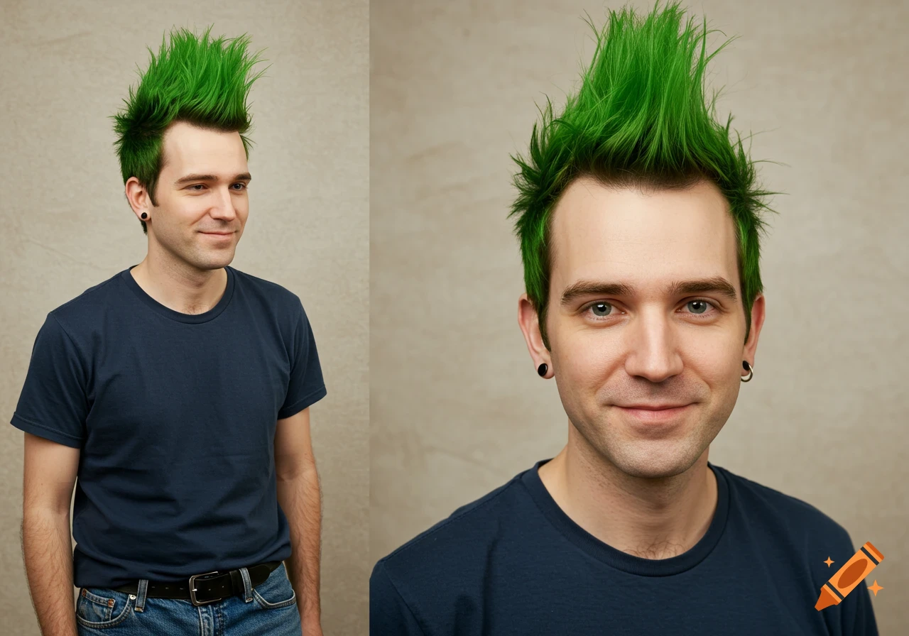 Photorealistic portrait of a man with bright green spikey hair.