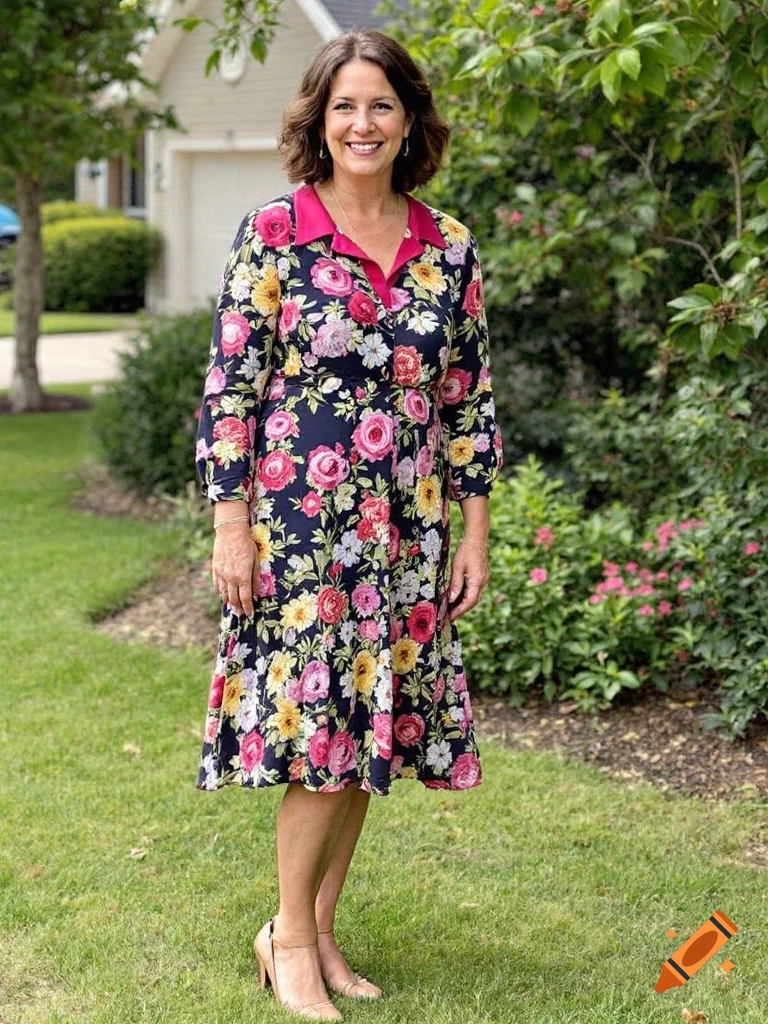 A smiling woman in a floral dress stands in a garden.