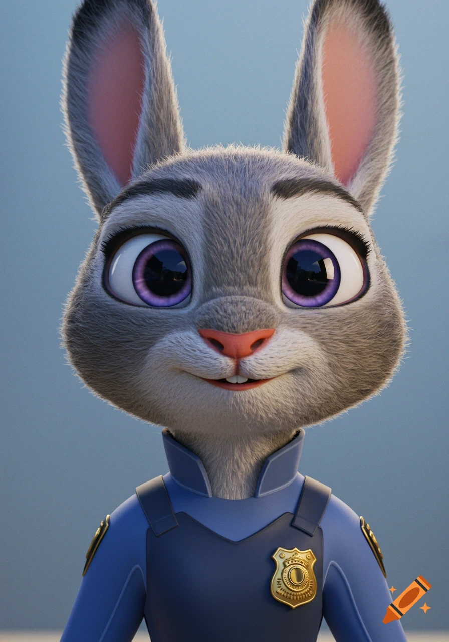 Close-up portrait of the animated bunny character Judy Hopps in her police uniform.