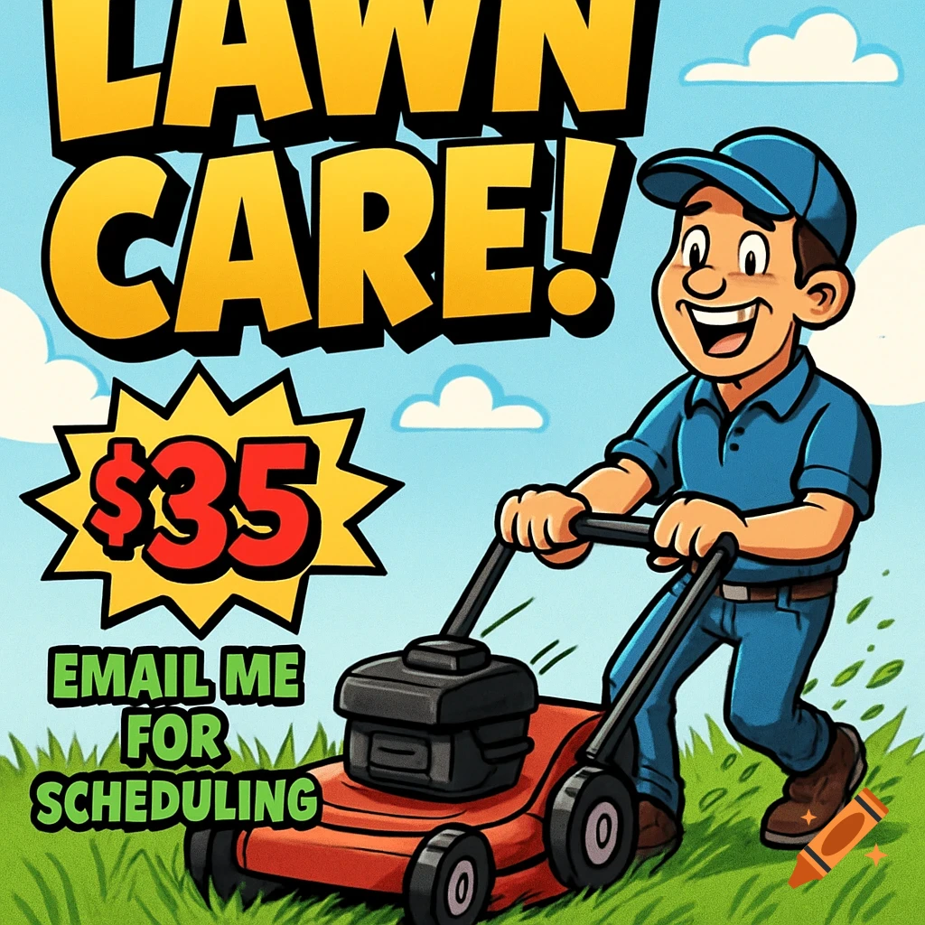 Cartoon ad for lawn care: Man mowing lawn, text "LAWN CARE! $35 EMAIL ME FOR SCHEDULING".