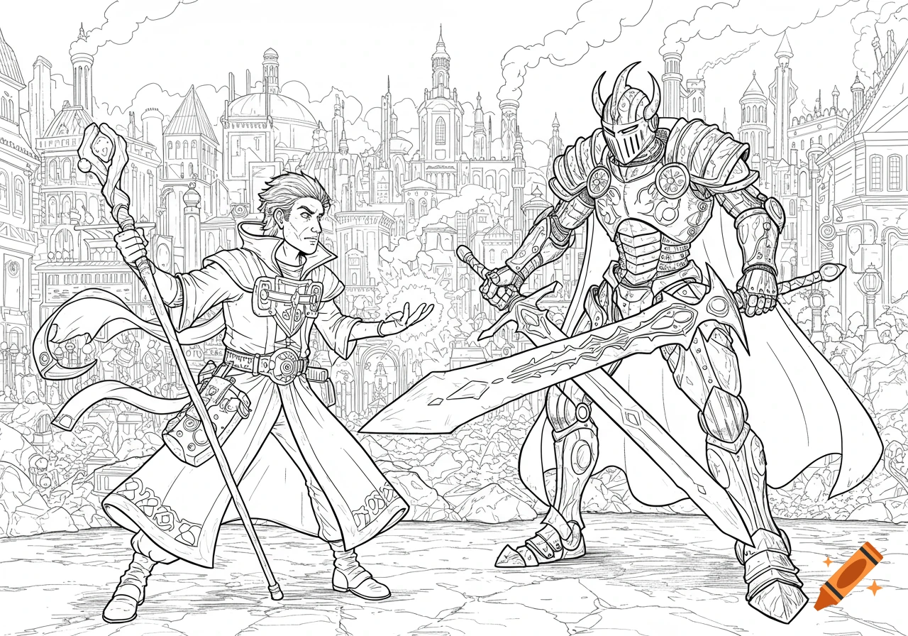 A wizard and a robot knight duel in a steampunk city in a black and white coloring page style.