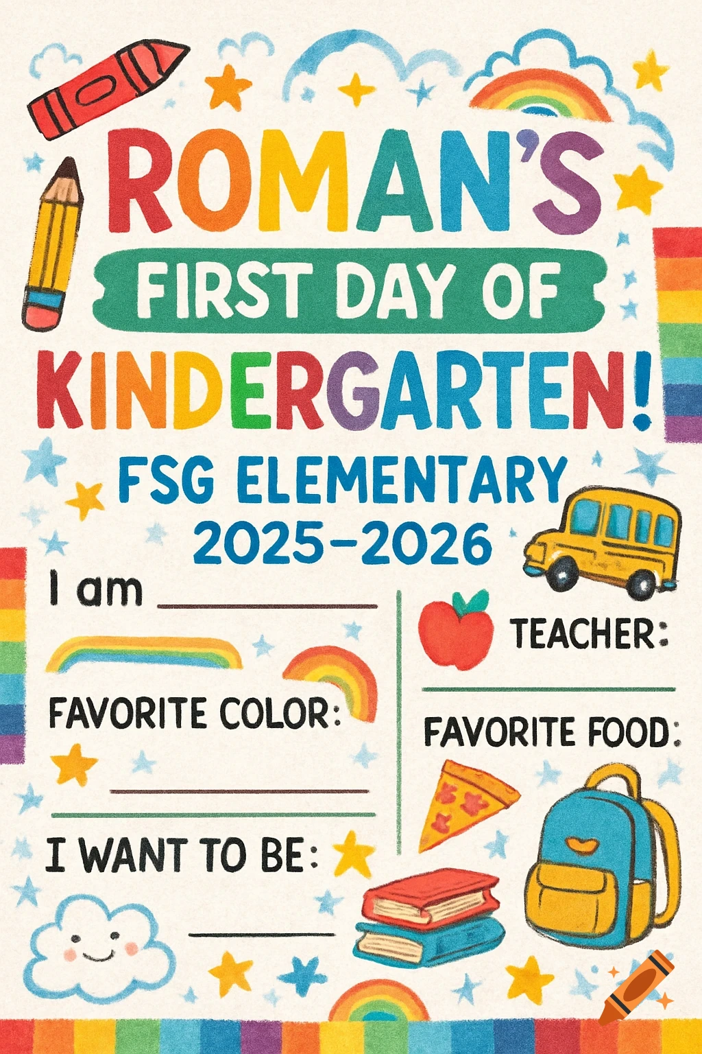 A colorful hand-drawn style First Day of Kindergarten sign for Roman, 2025-2026 school year, with illustrations of school supplies and spaces to fill in information.